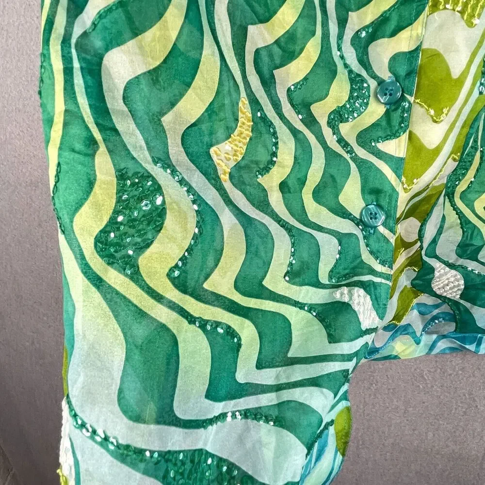 New Diane Gilman Silk Tunic Blouse Womens Med Button Front Sequins Green Blue - Picture 14 of 14